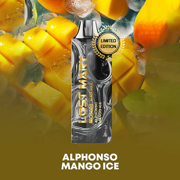 Ripe Alphonso mangoes in a black and gold packaging of Ice Lost Mary MO5000, a delicious tropical treat