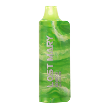 Close-up of Guava Ice Lost Mary MO5000 vape juice bottle with tropical fruit design on a white background