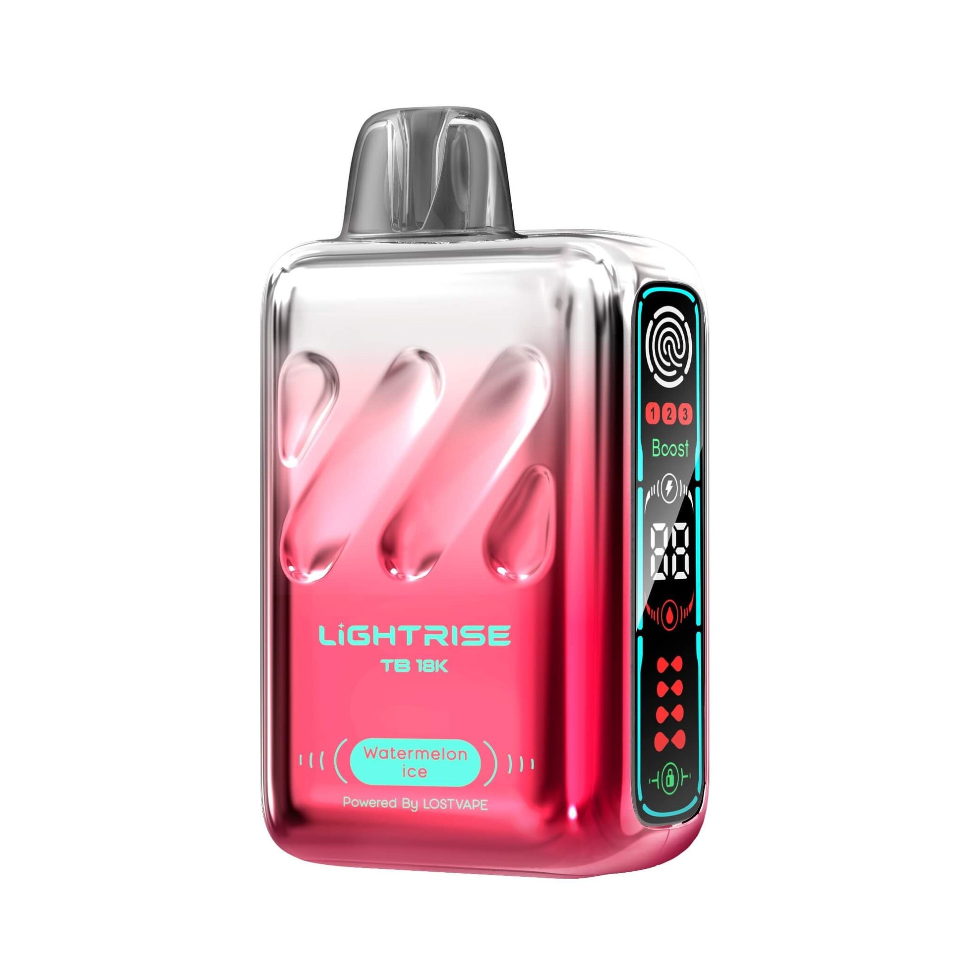 Watermelon Ice Lost Vape Lightrise TB 18k disposable product being displayed on a white background