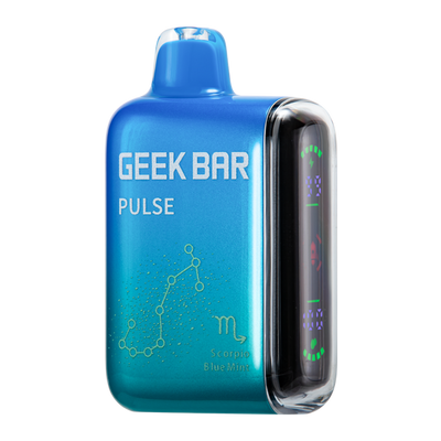 Alt text: A close-up image of the Scorpio Blue Mint Flavor Geek Bar Pulse Vape Zodiac Edition, a sleek and modern vaping device in a vibrant blue color, with mint flavor packaging and zodiac symbols