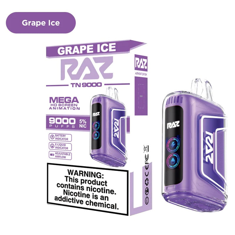 A close-up image of the Grape Ice RAZ TN9000 Disposable, a convenient and flavorful vape product for on-the-go use