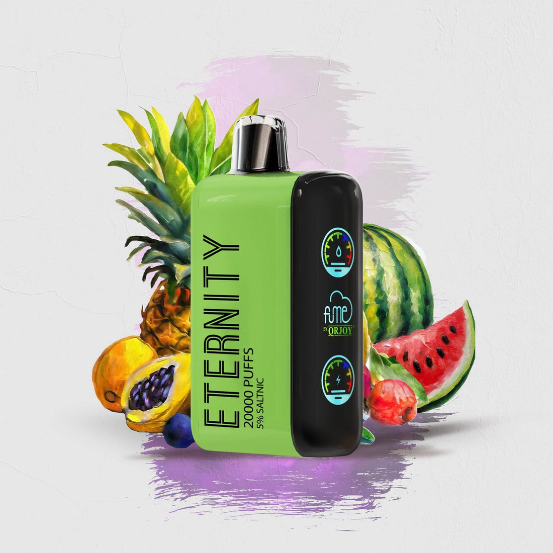 Close up image of Tropicana flavor FUME Vape Eternity 20K Puffs Disposable, a sleek and stylish disposable vape device with a long-lasting 20,000 puff capacity