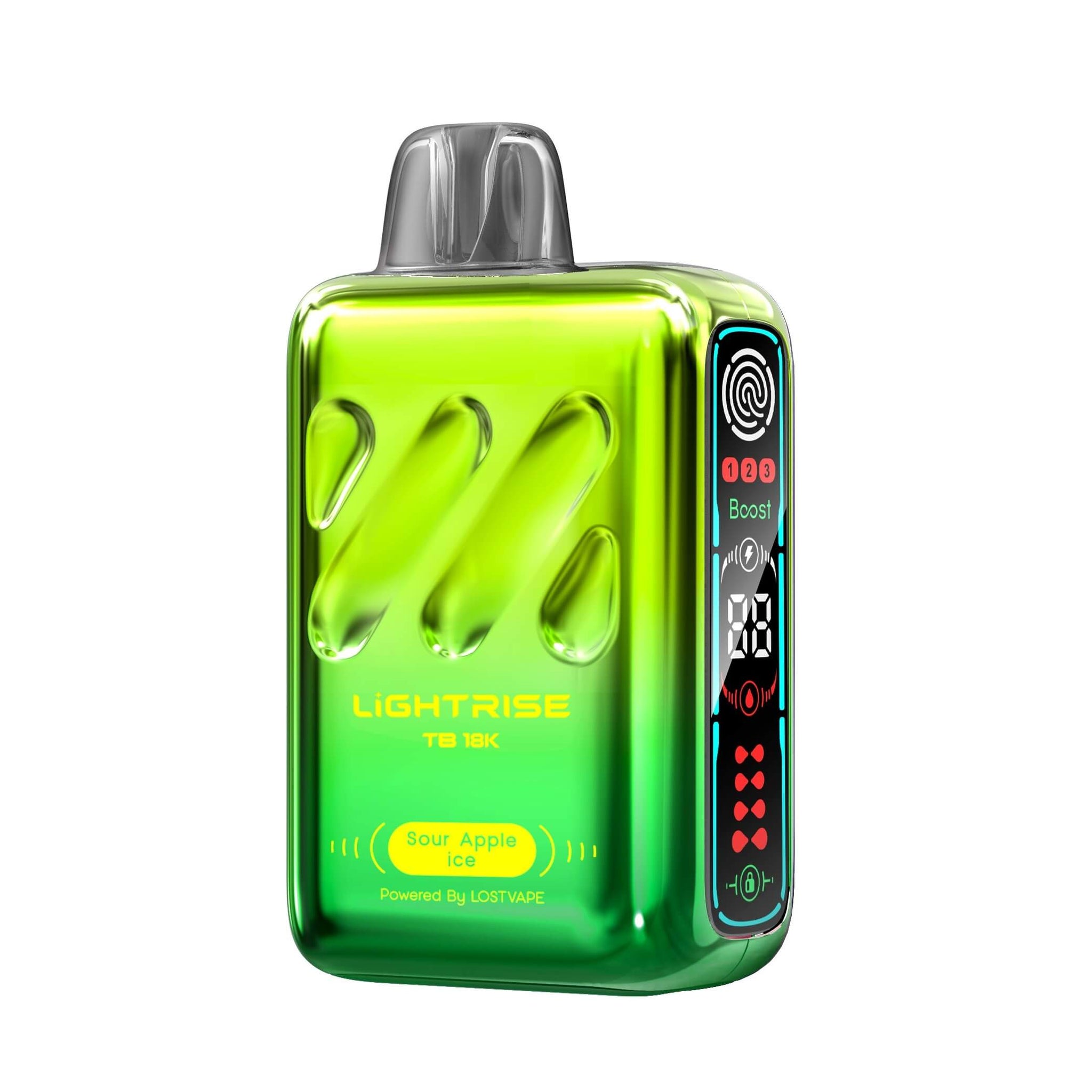 Sour Apple Ice Lost Vape Lightrise TB 18k disposable e-cigarette product on white background