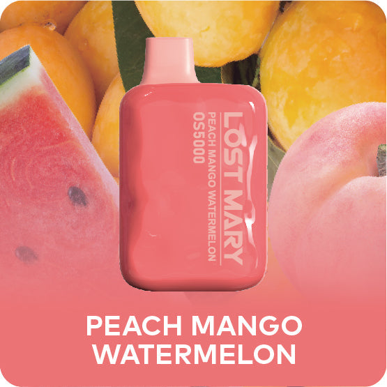 Vibrant and refreshing Peach Mango Watermelon Lost Mary OS5000 beverage