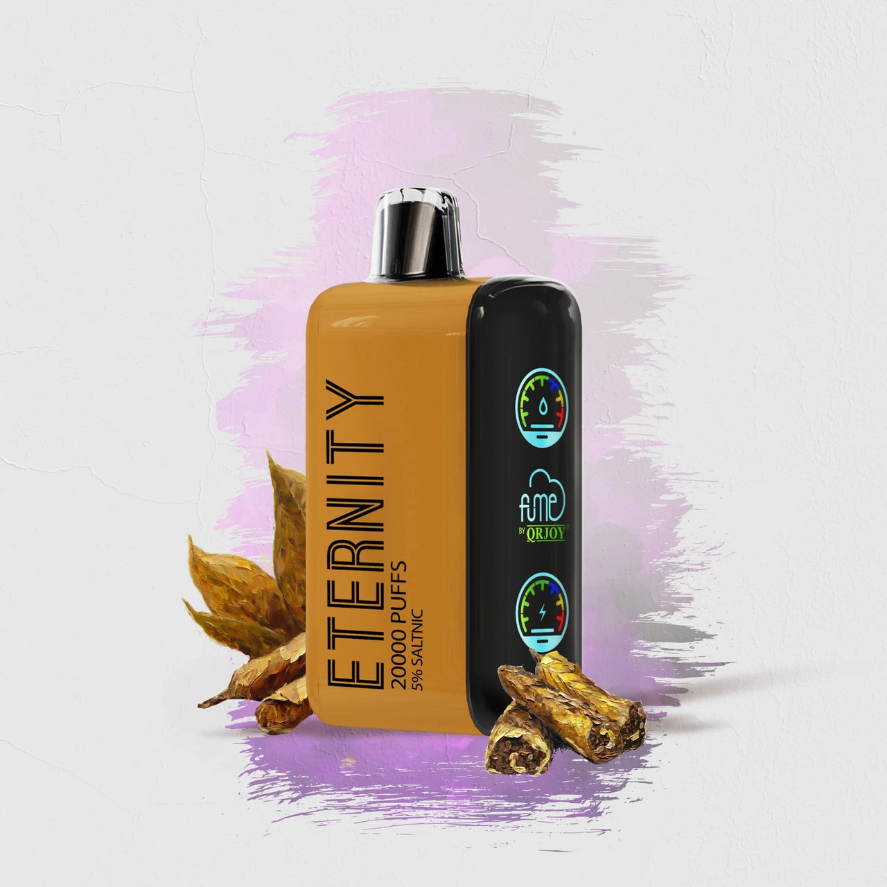 Close-up image of the Tobacco flavor FUME Vape Eternity 20K Puffs Disposable, a sleek and convenient disposable vape pen with a rich and authentic tobacco flavor, designed to provide up to 20,000 puffs of satisfying vapor