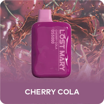 Cherry Cola Lost Mary OS5000: A vibrant red can with bold typography and Mary emblem