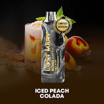 An illustration of the Iced Peach Colada Lost Mary MO5000 Black Gold, a refreshing and invigorating beverage perfect for hot summer days