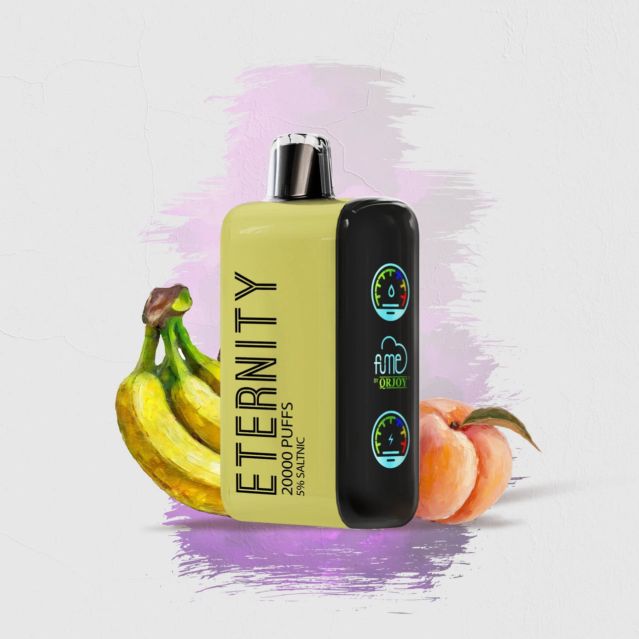 Close-up of Peach Banana flavor FUME Vape Eternity 20K Puffs Disposable product packaging