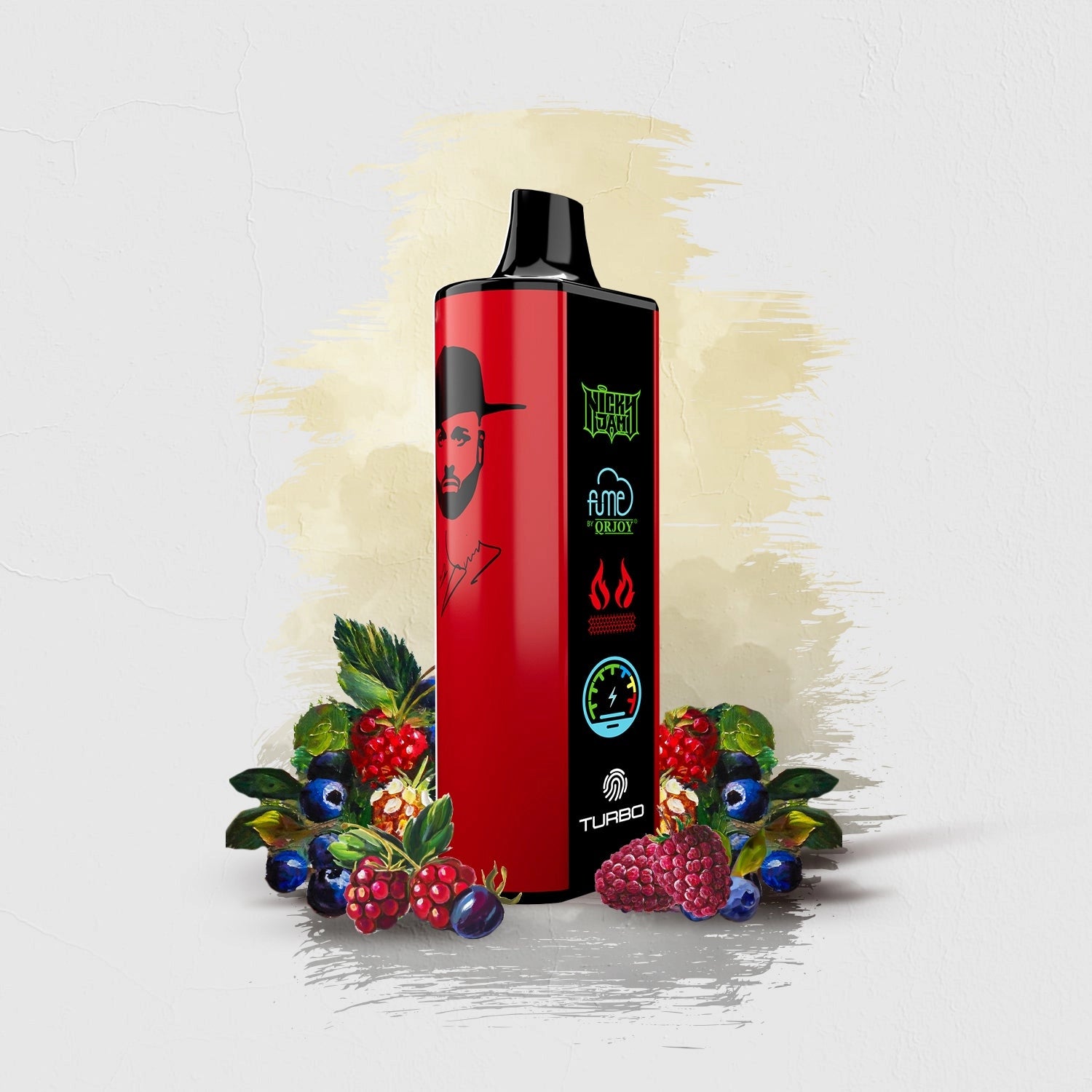 A close-up image of the Ojos Rojos flavor FUME Nicky Jam 15K Vape Disposable, a sleek and compact disposable vape pen designed by Nicky Jam with a red and black color scheme, perfect for vaping enthusiasts who enjoy the rich and flavorful experience of Ojos Rojos