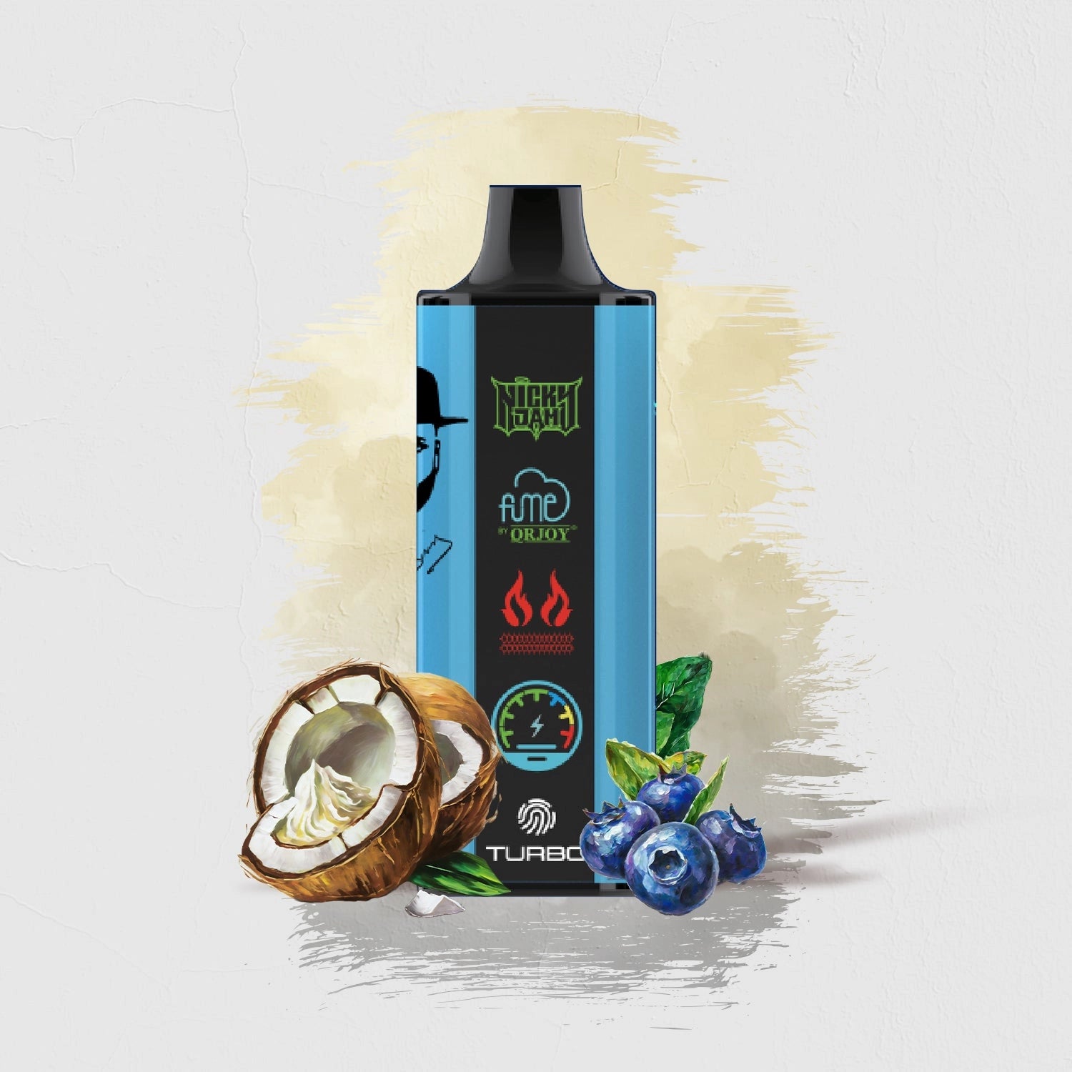 Close-up of Fenix Beach flavor FUME Nicky Jam 15K Vape Disposable, a sleek and compact disposable vape pen with a refreshing beach-inspired flavor, endorsed by Nicky Jam