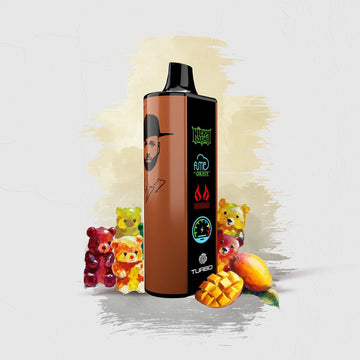 Close-up image of the Cangri Bear flavor FUME Nicky Jam 15K Vape Disposable, a convenient and portable vaping device with a delicious bear flavor, as endorsed by Nicky Jam