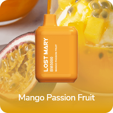 A refreshing and delicious Mango Passion Fruit Lost Mary BM5000 drink