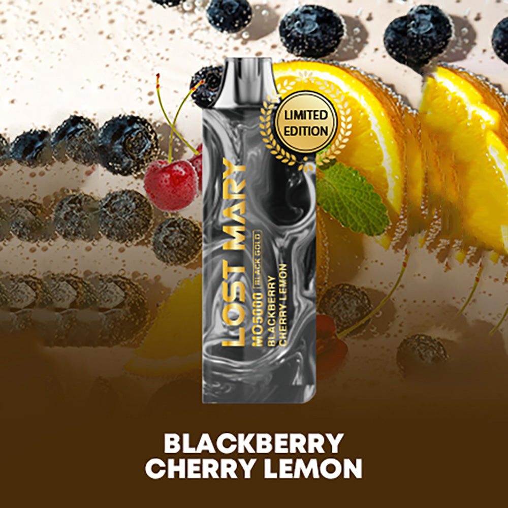 Blackberry Cherry Lemon Lost Mary MO5000 Black Gold product with colorful fruit and rich, golden tones