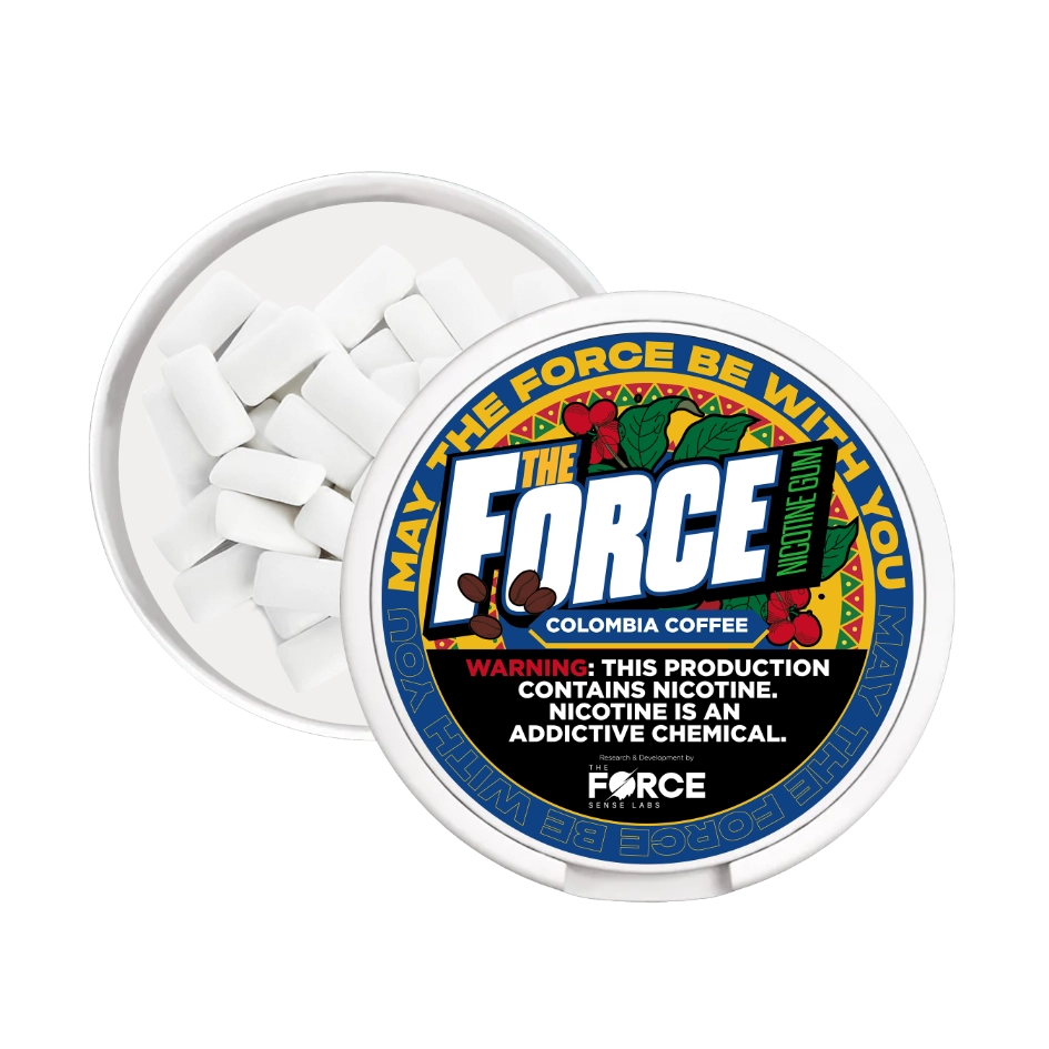 Close-up of THE FORCE SENSE LABS Nicotine Gum packaging with sleek design and bold lettering