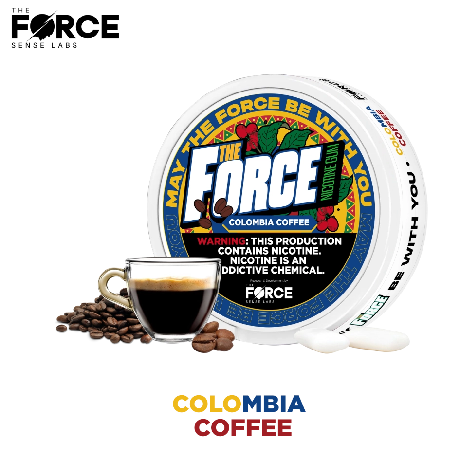 Close-up of THE FORCE SENSE LABS Nicotine Gum packaging with sleek design and bold lettering