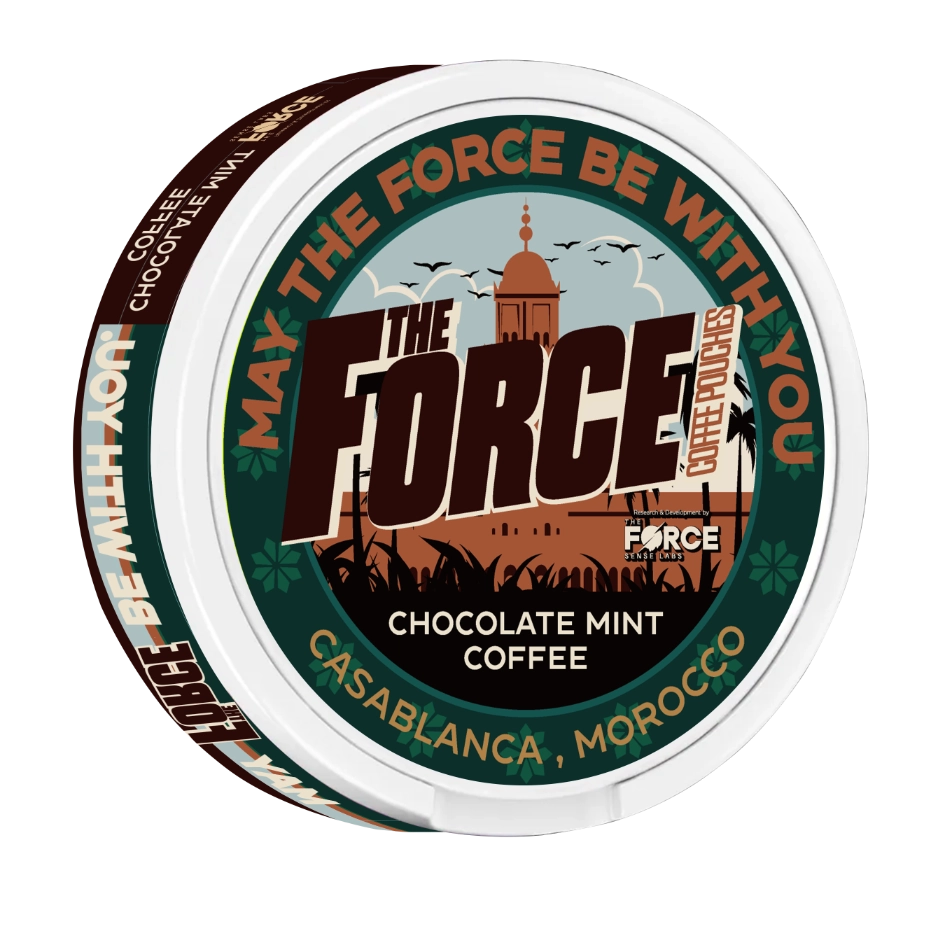 Delicious and invigorating CHOCOLATE MINT COFFEE Flavor coffee pouches from THE FORCE SENSE LABS with 50mg of caffeine for a perfect morning pick-me-up