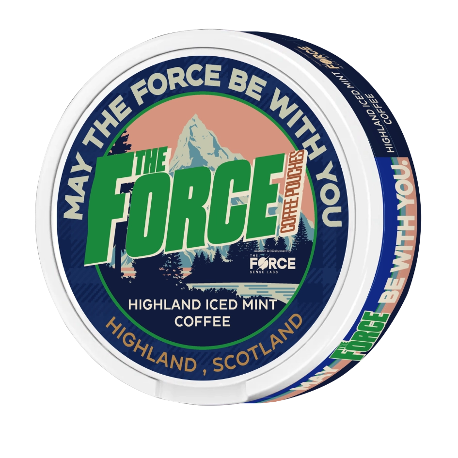 Person opening HIGHLAND ICED MINT COFFEE Flavor 50mg caffeine COFFEE POUCHES THE FORCE SENSE LABS to reveal individual pouches