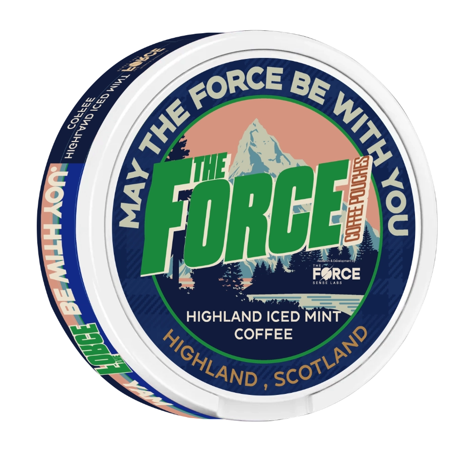 Individual HIGHLAND ICED MINT COFFEE Flavor 50mg caffeine COFFEE POUCHES THE FORCE SENSE LABS pouch with mint and coffee illustrations