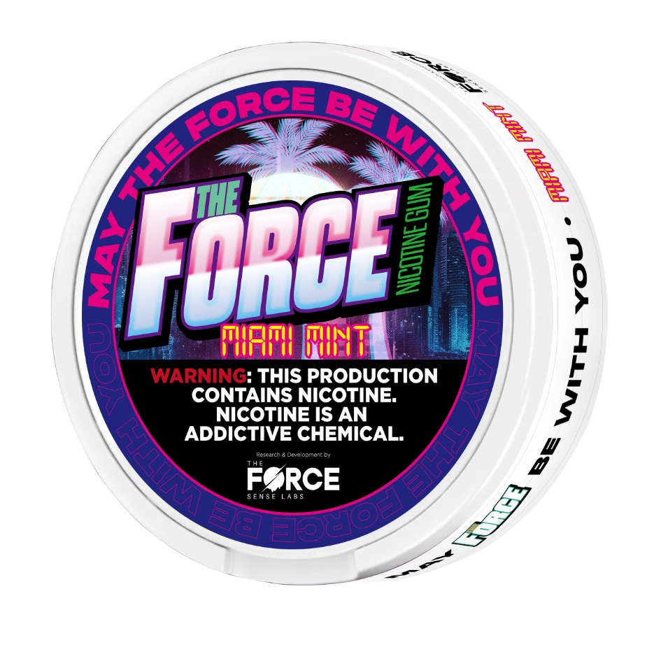  Hand holding a piece of Miami Mint Flavor Nicotine Gum THE FORCE SENSE LABS（4mg）with a minty fresh flavor