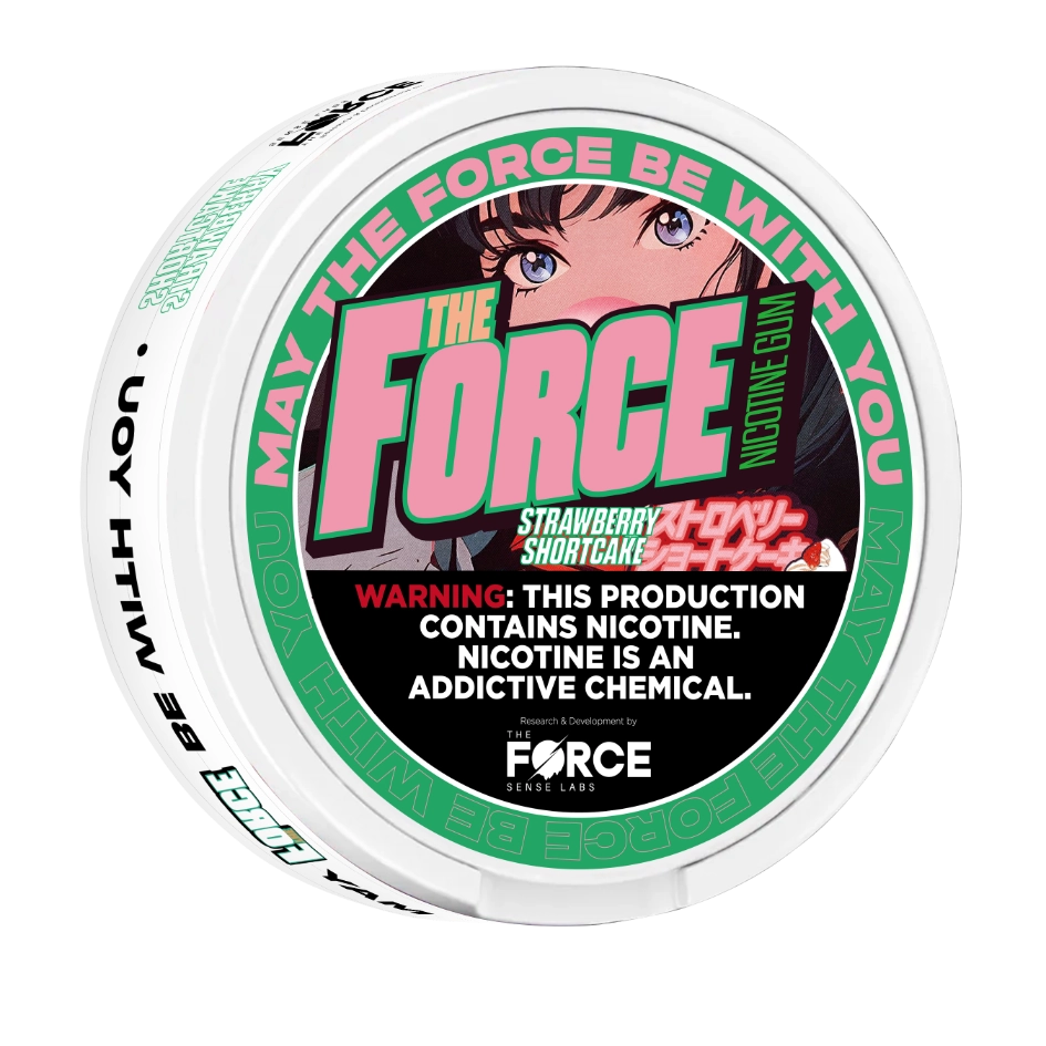 Close-up of a pack of Strawberry Shortcake Flavor Nicotine Gum from THE FORCE SENSE LABS, containing 4mg of nicotine per piece