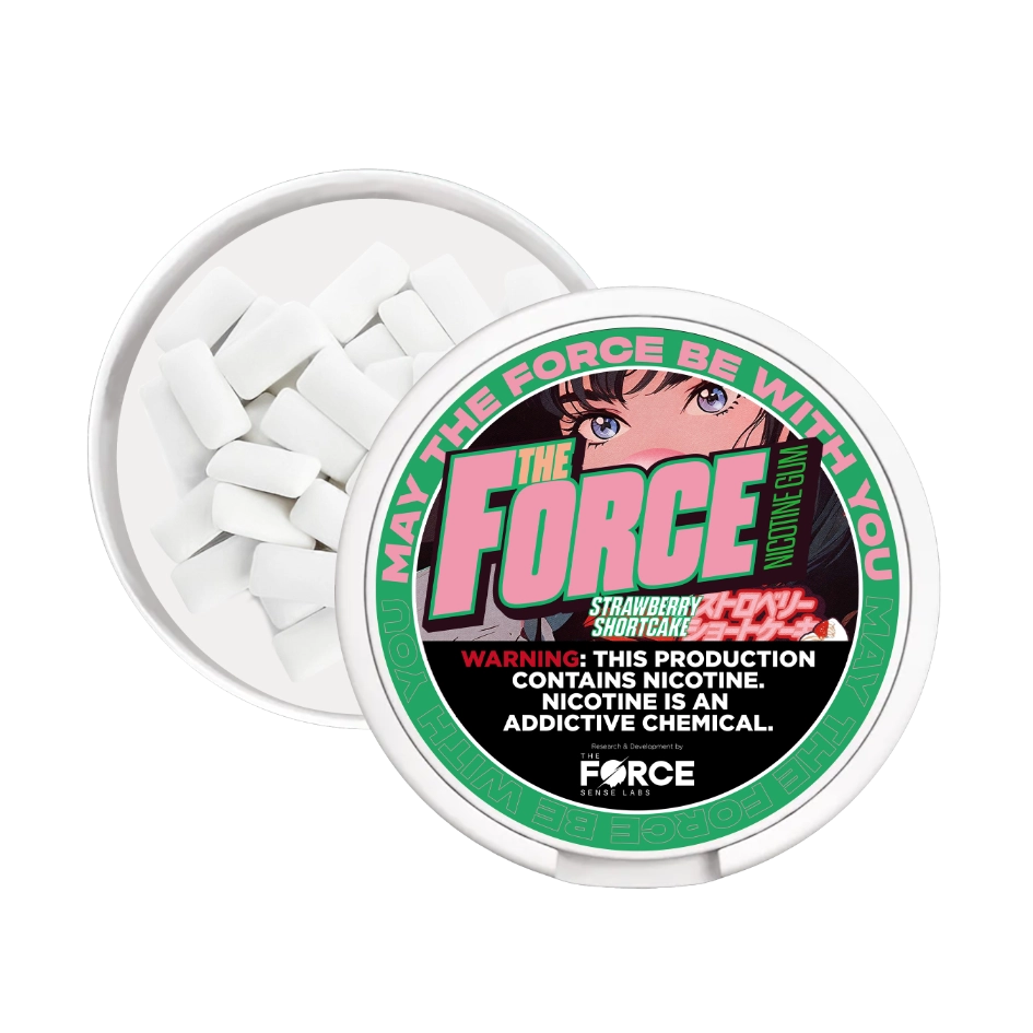 Close-up of THE FORCE SENSE LABS Nicotine Gum packaging with logo and product name Great for managing nicotine cravings