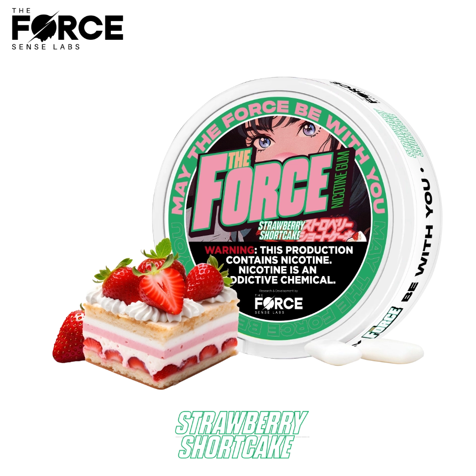 Close-up of THE FORCE SENSE LABS Nicotine Gum packaging with logo and product name Great for managing nicotine cravings