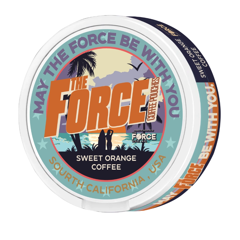 SWEET ORANGE COFFEE Flavor 50mg caffeine COFFEE POUCHES THE FORCE SENSE LABS - A vibrant orange-flavored coffee pouch with a 50mg caffeine boost