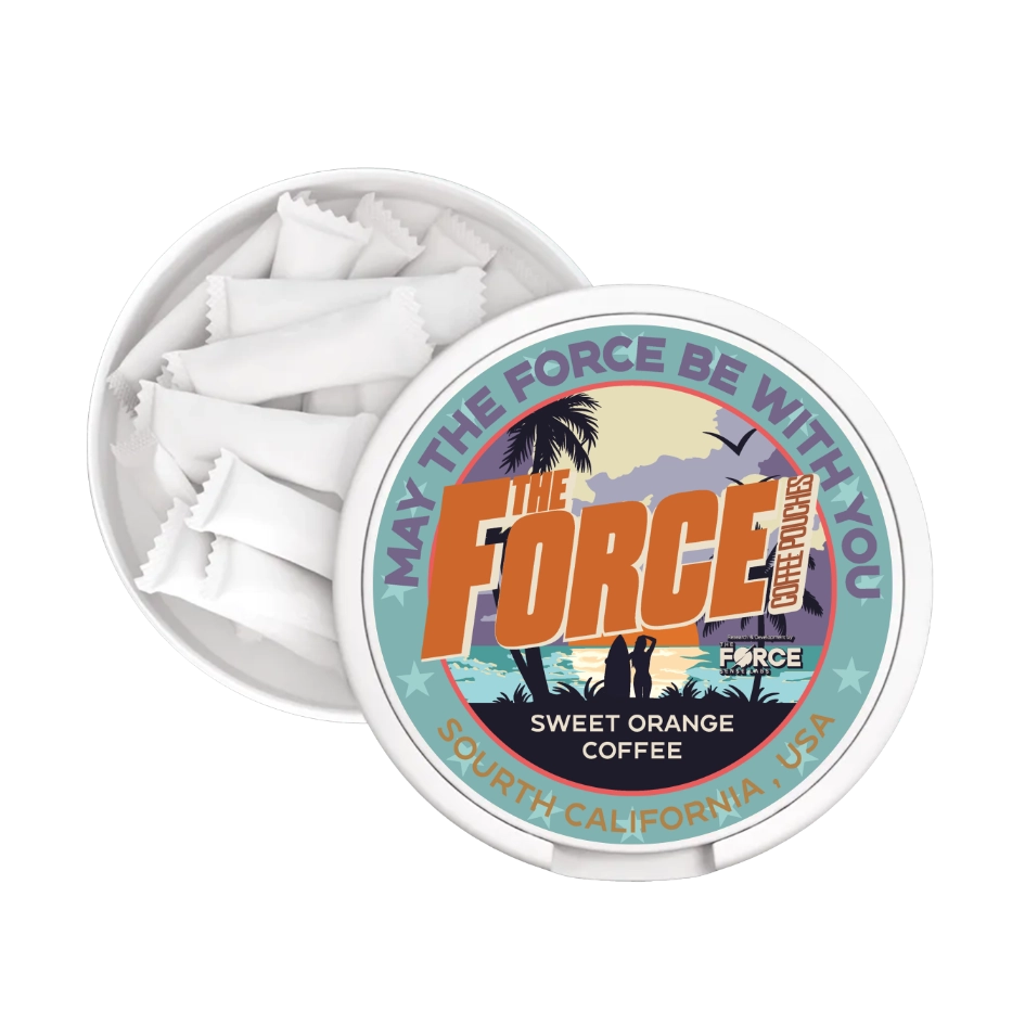 A close-up image of a pack of SWEET ORANGE COFFEE Flavor 50mg caffeine COFFEE POUCHES from THE FORCE SENSE LABS, featuring vibrant orange packaging with bold, eye-catching branding