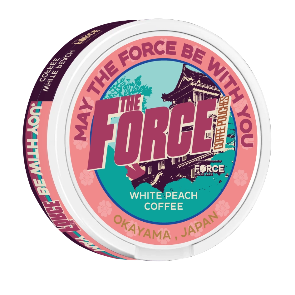  A group of WHITE PEACH COFFEE Flavor 50mg caffeine COFFEE POUCHES by THE FORCE SENSE LABS arranged on a table