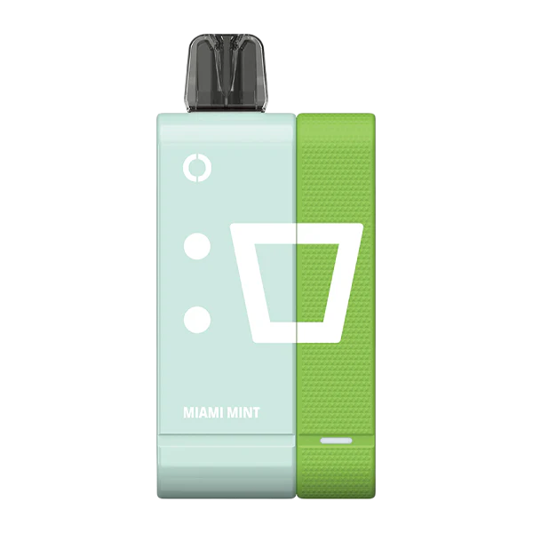 Close-up of MIAMI MINT Flavor OFF STAMP vape SW9000 DISPOSABLE KIT with sleek design and vibrant green color 