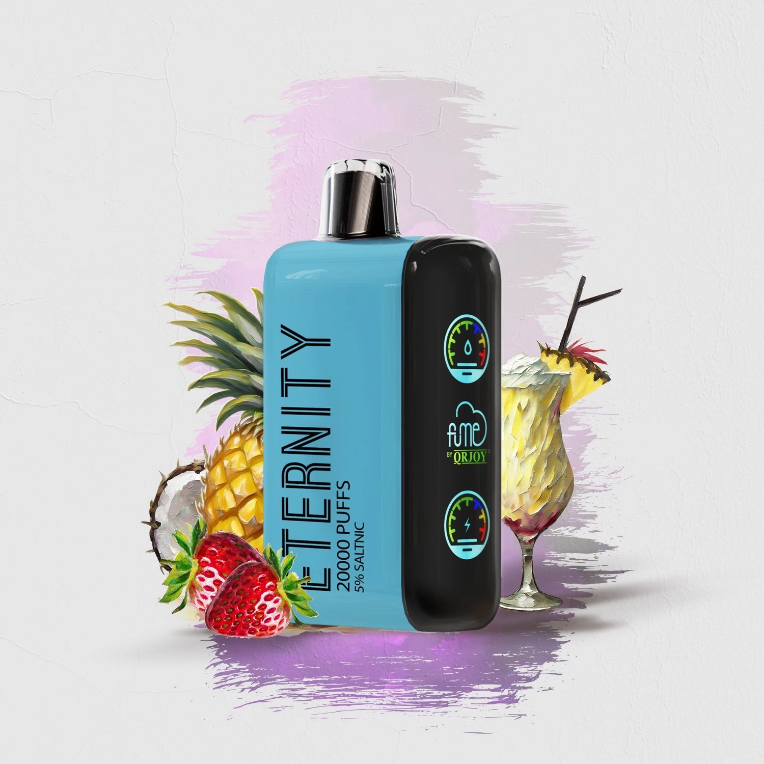 A close-up photo of the Strawberry Pina Colada flavor FUME Vape Eternity 20K Puffs Disposable, a sleek and stylish e-cigarette device designed for long-lasting and convenient vaping experience