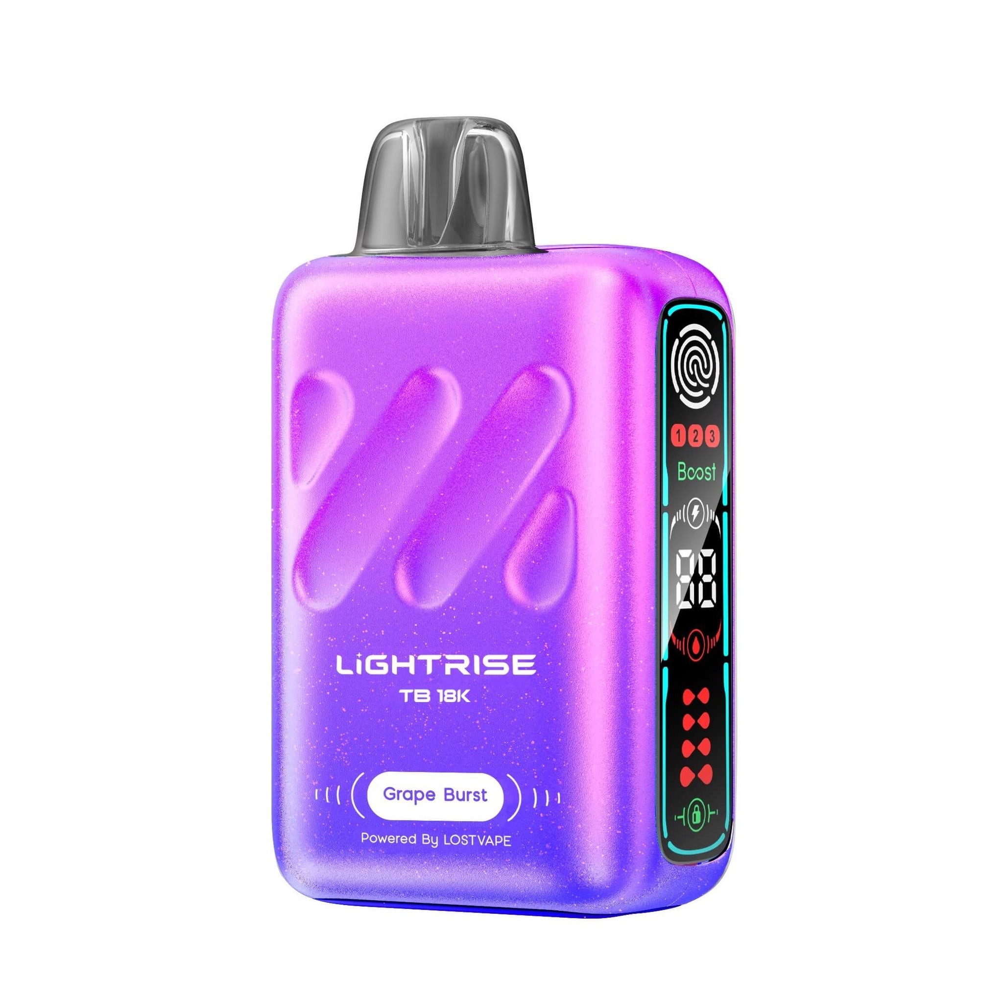 Close-up of Grape Burst Lost Vape Lightrise TB 18k disposable product packaging with vibrant grape-colored design and sleek 18k gold accents