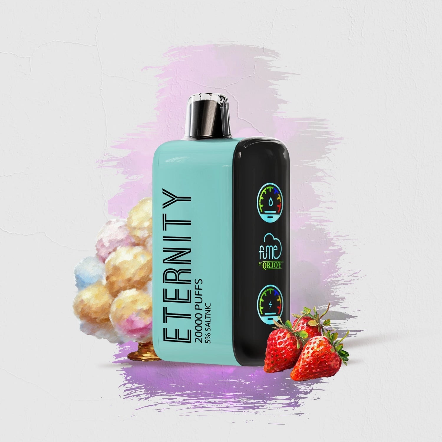 Close up of Candy Strawberry flavor FUME Vape Eternity 20K Puffs Disposable, a long-lasting disposable vape device with sweet strawberry flavor