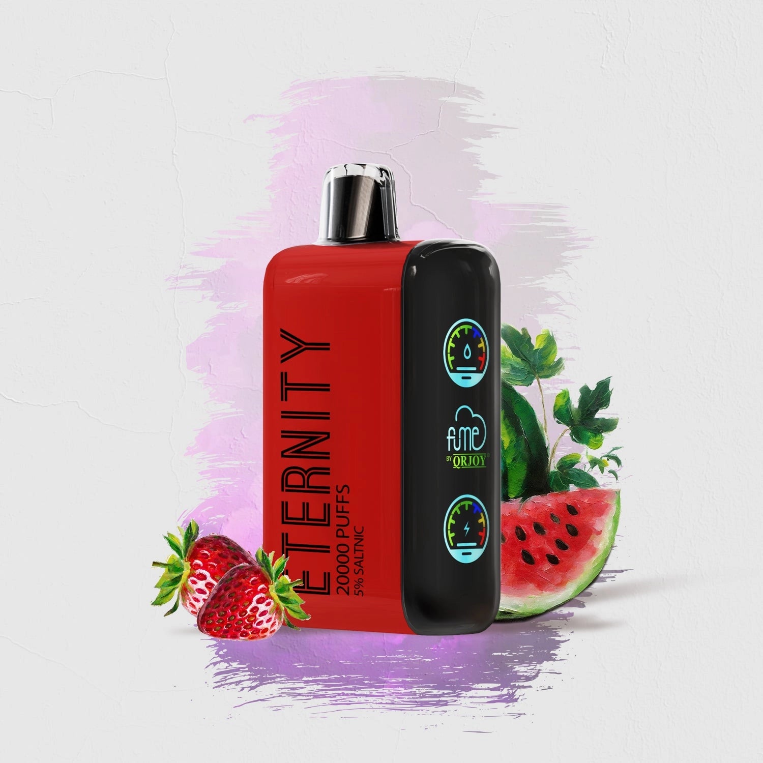 Close-up image of the Strawberry Watermelon flavor FUME Vape Eternity 20K Puffs Disposable, a convenient and long-lasting vaping option with a delicious fruity taste