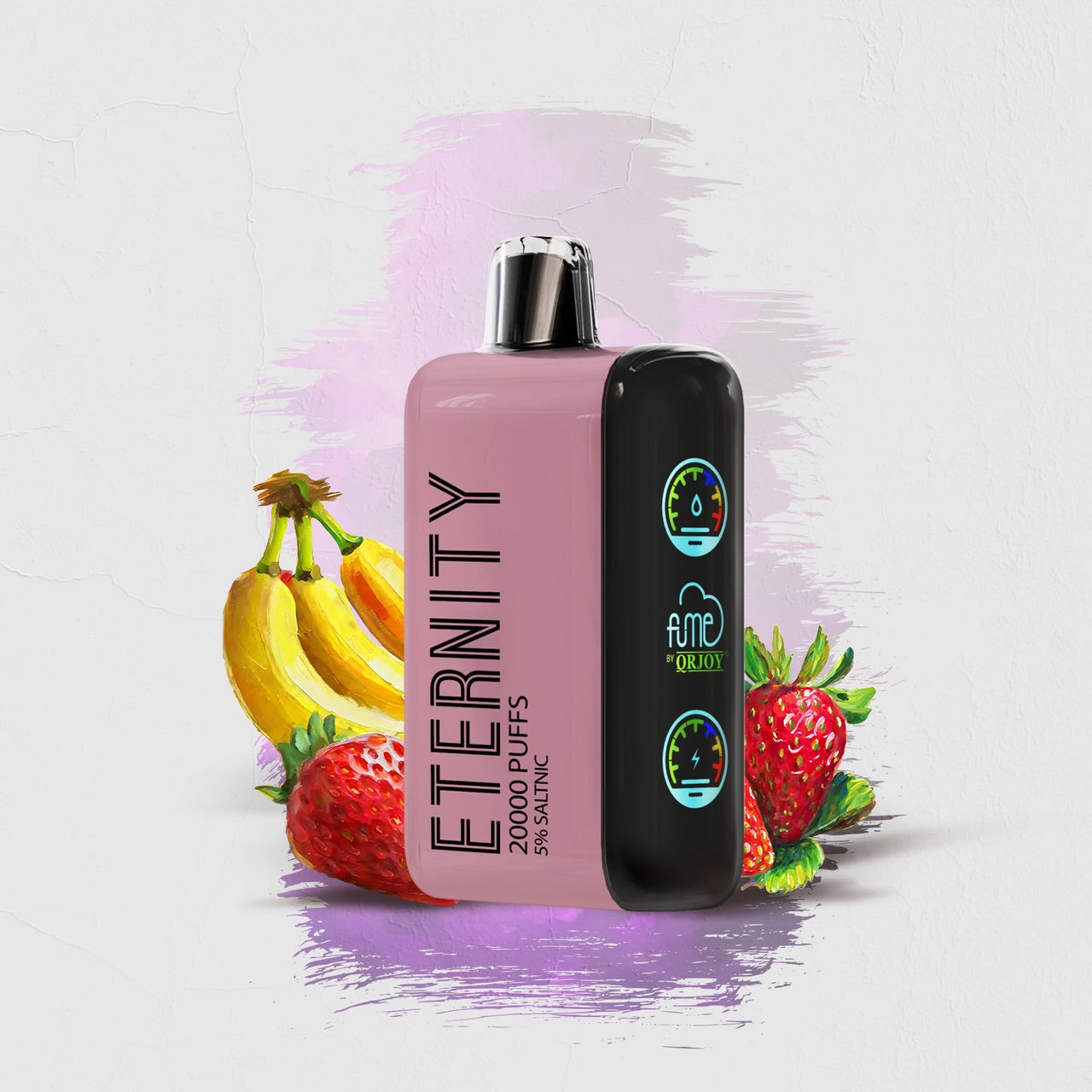 A close-up image of the Strawberry Banana flavor FUME Vape Eternity 20K Puffs Disposable, a disposable vape device with a sleek and modern design, perfect for on-the-go vaping