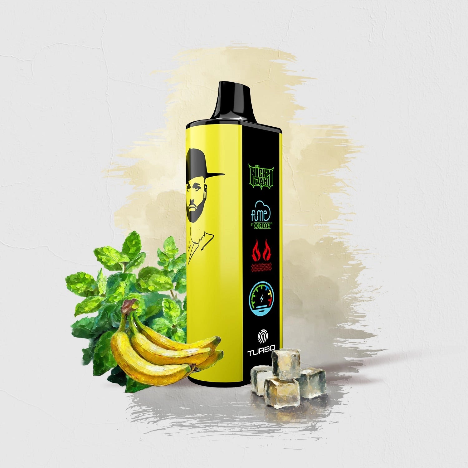 Colorful 69 Bananas flavor FUME Nicky Jam 15K Vape Disposable product packaging