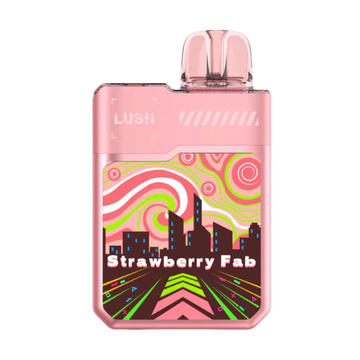 A close-up image of the Strawberry FAB Flavor Geek Bar Digiflavor lush 20K Disposable Vape, showcasing its sleek design and vibrant packaging with a focus on the strawberry flavor